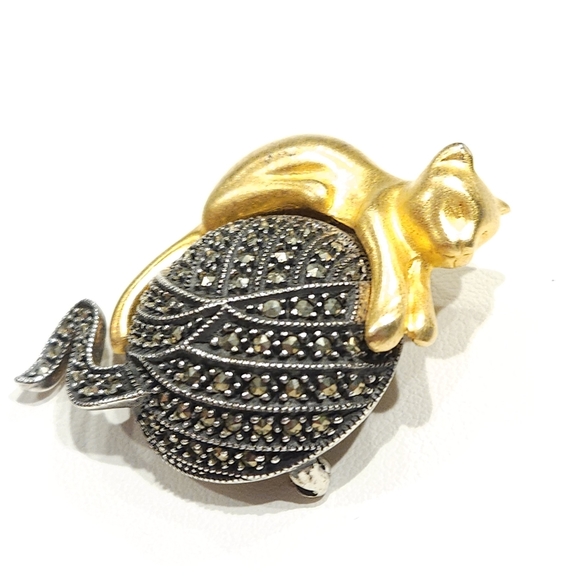Vintage Judith Jack Golden Cat Marcasite Stones Brooch Sterling Silver 925 - Picture 12 of 15